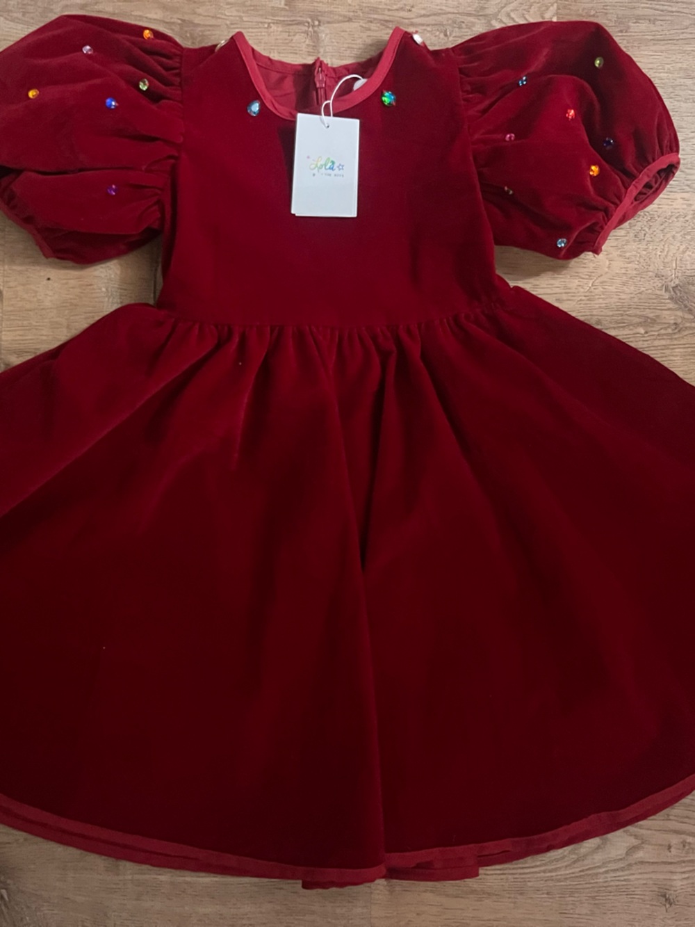 Lola + The Boys Red Velvet Puff Sleeve Dress with Multicolor Gem Accents